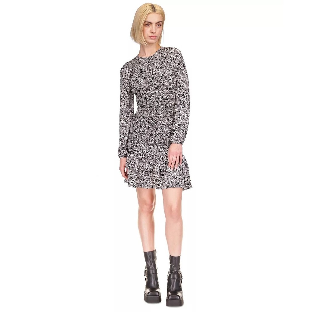 Michael Kors Floral Mini Dress Womens L Black White Smocked‎ Ruffle